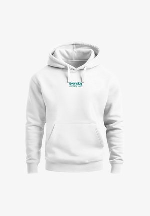 Weißer Kapuzenpullover mit Kängurutasche, auf der Brust mit dem "Everyday Running Club"-Logo in Türkis, verstellbarer Kapuze und gerippten Bündchen.
