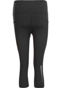 Musta capri legginsit, jotka on valmistettu joustavasta materiaalista. Niissä on sileä vyötärö, sivutaskut ja heijastava yksityiskohta alaosassa.