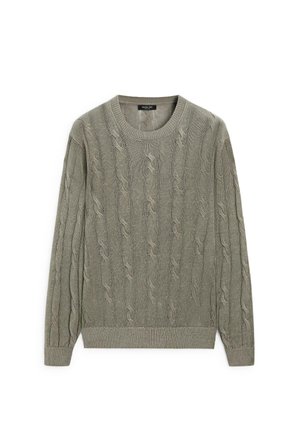 Jasnooliwkowy sweter w warkocze z długimi rękawami, ściągaczami, krawędzią i okrągłym dekoltem, ułożony na płasko.