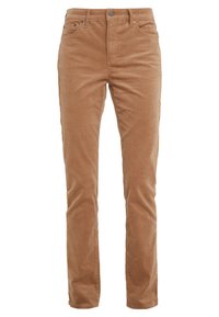 Braune Corduroyhosen im geraden Schnitt. Mit Fronttaschen und Reißverschluss mit Knopfverschluss. Weiche Textur und vertikale Rippung.