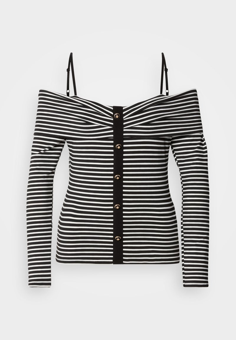 Zwart-wit gestreepte off-shoulder top met lange mouwen, met een knoopsluiting aan de voorkant en contrasterende zwarte details. Gladde jersey stof.