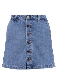 Denimová sukně v světle modré barvě, s vysokým pasem, pěti hnědými knoflíky vpředu a prošívaným lemem s mírně áčkovým střihem.