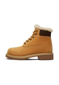 Helle Lederstiefel bis zum Knöchel mit einem weichen Kunstfellkragen, Metallösen und einer Gummisohle mit tiefem Profil für besseren Halt. Timberland-Logo eingeprägt.