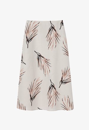 Een crèmekleurige rok met een uitlopende vorm, versierd met bruine en zwarte bladerenpatronen. Soepele stof met een lichtgewicht textuur.