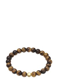 Zapestnica iz tigrovega oka vsebuje okrogle kroglice v rjavih in zlatih tonih, s posamično zlatno akcentno kroglico. Ima gladko teksturo in elastično zasnovo.