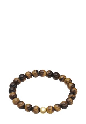 Tigerauge-Perlenarmband mit runden Perlen in Braun- und Goldtönen, ergänzt durch eine einzelne goldene Akzentperle. Glatte Textur und elastisches Design.