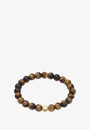 Pulsera de cuentas de ojo de tigre que presenta cuentas redondas en tonos marrón y dorado, con una única cuenta de acento dorado. Textura suave y diseño elástico.