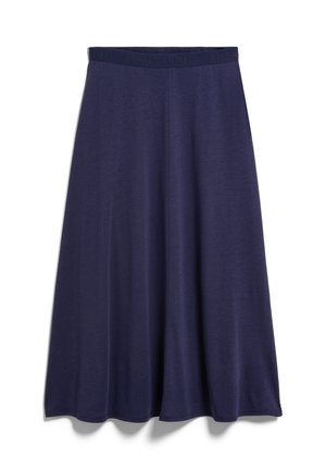 Marineblaue A-Linien-Midirock mit elastischem Bund, glattem Stoff und leicht ausgestelltem Saum, auf weißem Hintergrund dargestellt.