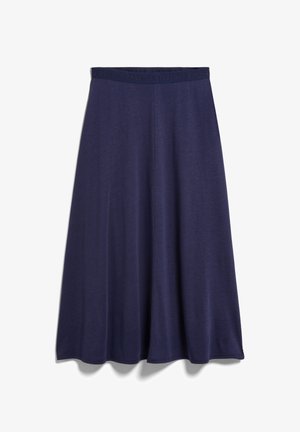 Donkerblauwe A-lijn midi-rok met elastische tailleband, gladde stof en lichte uitlopende zoom, getoond op een witte achtergrond.