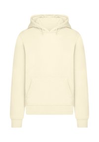 Crème-kleurige hoodie, gemaakt van zachte stof, met een kangoeroezak, ribgebreide manchetten en een verstelbare capuchon. Gladde, minimalistische uitstraling.
