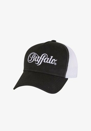 Sapca de baseball alb-negru cu logo-ul brodat "Buffalo", față din țesătură, spate din plasă, cu vizieră curbată și accente de cusătură albă.