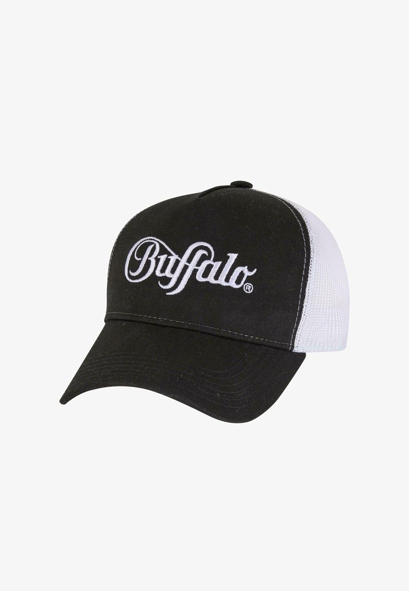 Svartvit basebollkeps med broderad "Buffalo"-logotyp, tygfront, nätbak, böjd skärm och detaljer med vit sömnad.