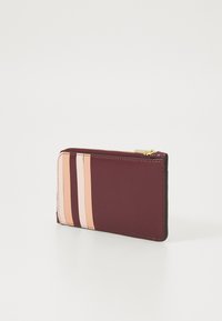 Rectangular wallet, burgundy with light pink and cream striped accents. Smooth material with a gold zipper closure. Minimalist design.