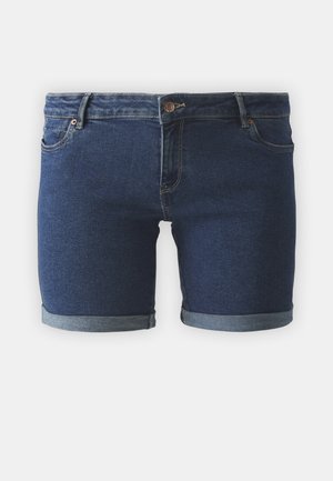 Dunkelblaue Jeansshorts mit klassischem Schnitt, umgeschlagenen Säumen und Fronttaschen. Mit einem Metallknopfverschluss versehen.