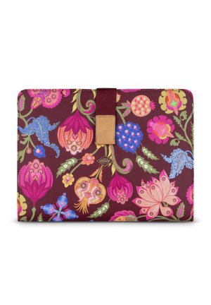 Tablethoes met bloemmotief op paarse achtergrond, kleurrijke bloemen in roze, blauw, oranje, groen en een centrale stoffen band met leren patch.