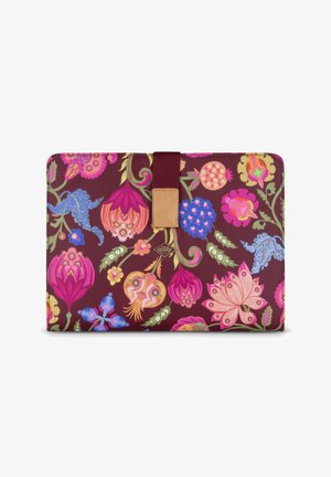 Tablethoes met bloemmotief op paarse achtergrond, kleurrijke bloemen in roze, blauw, oranje, groen en een centrale stoffen band met leren patch.
