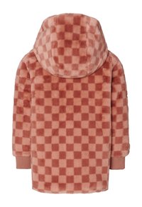 Zachte, geruite, roze faux fur jas met een capuchon, voorzien van geribbelde manchetten en een iets langere achterkant, die zorgt voor een gezellige en pluizige textuur.