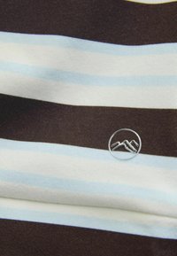 Triibuline kangas, kus on tumepruunid, helesinised ja valged jooned. Silmatorkavalt on kujutatud hõbedane ringikujuline logo mäetipuga.