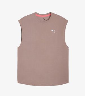 Ärmelloses sportliches Tanktop aus weichem Taupe-Stoff, mit rundem Ausschnitt und pinken Akzenten sowie einem weißen Puma-Logo auf der Brust.