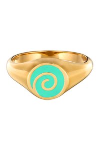 Goldring mit einem türkisfarbenen Spiraldesign auf einer runden Fassung. Glatter Band mit glänzendem Finish, das eine minimalistische Ästhetik präsentiert.