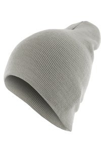 Gorro de lana gris claro con una superficie suave y texturizada. Presenta un ajuste relajado y una parte superior suavemente cónica. Sin logotipos o acentos visibles.