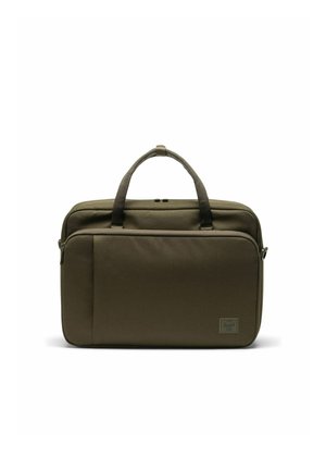 Sac d’ordinateur portable rectangulaire vert olive avec doubles poignées, poche avant zippée et petite étiquette de marque dans le coin inférieur droit.