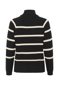 Schwarzer Pullover mit hohem Kragen und langen Ärmeln, der horizontale crème Farbstreifen aufweist. Das Material scheint gestrickt und hat eine glatte Textur.