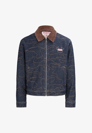 Kurtka dżinsowa z kołnierzem z sztruksu, ozdobiona abstrakcyjnymi konturami w kolorze beżowym, z zamkiem błyskawicznym z przodu i naszywką z logo na piersi.