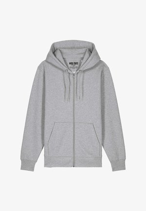 Szürke, cipzáras kapucnis pulóver puha anyagból, tágas kapucnival, két elülső zsebbel és hozzáillő bordázott mandzsettával. A címke felirata: "MIRA PARIS."