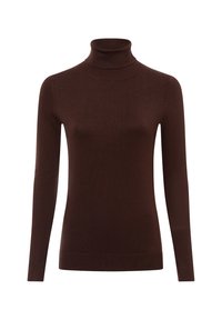 Brun polo-tröja med långa ärmar, tillverkad av mjukt material. Har en figurnära design och ribbad halsringning och ärmslut. Slät textur överlag.