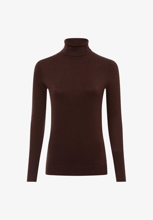 Brązowy sweter z golfem, długi rękaw, wykonany z miękkiego materiału. Posiada dopasowany krój oraz ściągacze przy szyi i mankietach. Gładka tekstura w całości.