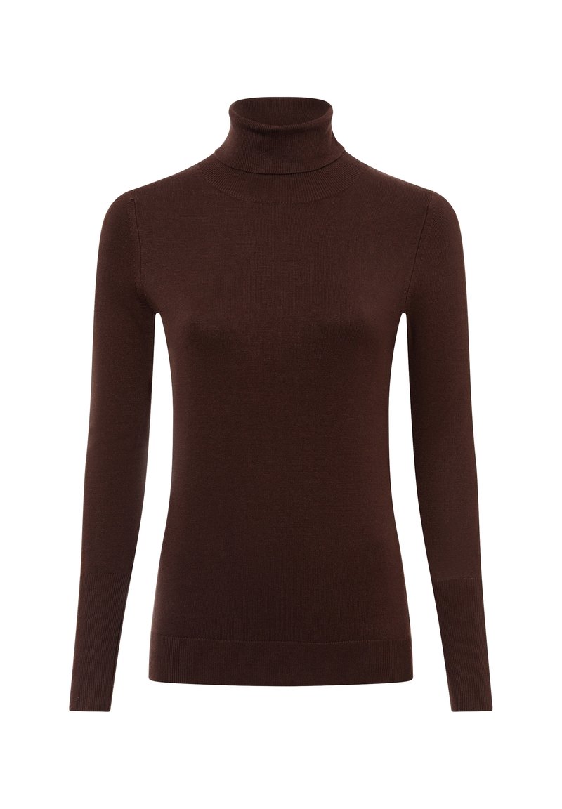 Brun polo-tröja med långa ärmar, tillverkad av mjukt material. Har en figurnära design och ribbad halsringning och ärmslut. Slät textur överlag.