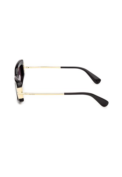 Black and gold sunglasses with thick black rounded frames and slim gold temples extending to curved black earpieces, shown from side view.