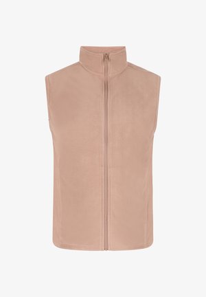 Fleece-Weste in zartem, hellem Rosa mit hohem Kragen und voller Reißverschluss. Verfügt über eine glatte Textur und ärmelloses Design.