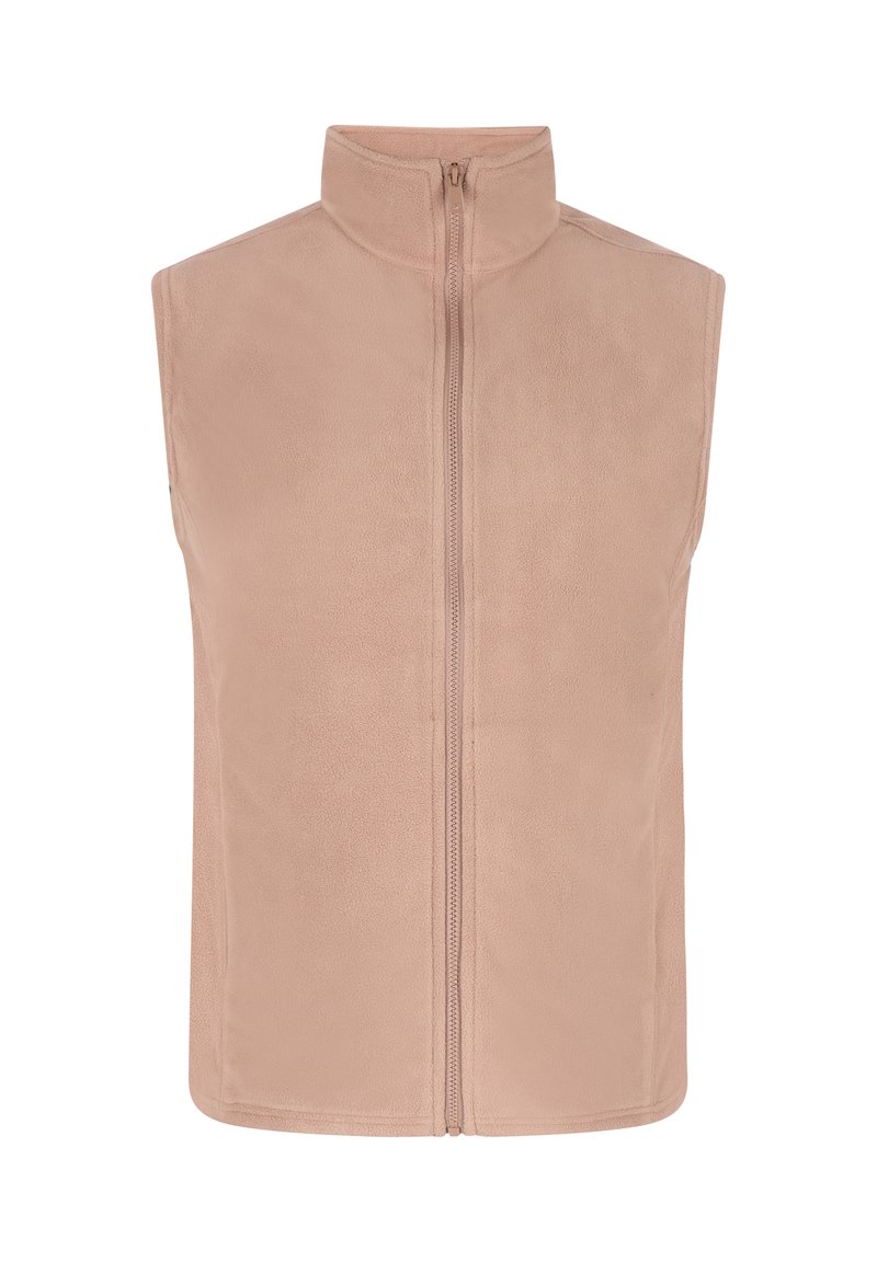 Fleece-Weste in zartem, hellem Rosa mit hohem Kragen und voller Reißverschluss. Verfügt über eine glatte Textur und ärmelloses Design.