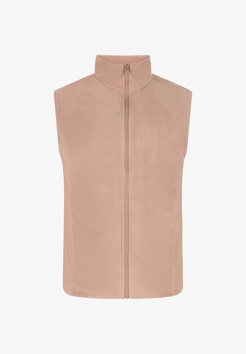 Fleece-Weste in zartem, hellem Rosa mit hohem Kragen und voller Reißverschluss. Verfügt über eine glatte Textur und ärmelloses Design.