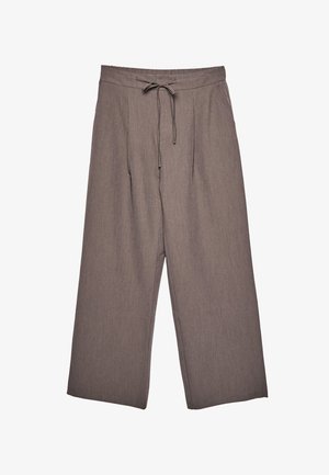 Wide-leg trousers in a soft, textured brown fabric with a drawstring waist and pleated front for added detail.