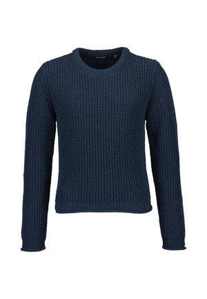 Marineblauer gestrickter Langarmpullover mit Rundhalsausschnitt, gerippten Bündchen und strukturiertem Muster, abgebildet auf weißem Hintergrund.