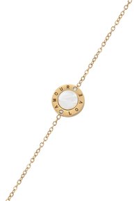 Bracciale in oro con un pendente circolare su cui sono incisi "AMOUR" e "LOVE", un centro in madreperla e due piccole pietre trasparenti.
