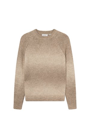 Světle béžový svetr s gradientem, kulatým výstřihem, raglánovými rukávy a žebrovanými manžetami a lemem, vyrobený z měkké, strukturované pleteniny.