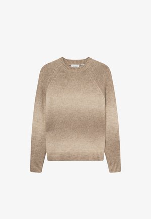 Světle béžový svetr s gradientem, kulatým výstřihem, raglánovými rukávy a žebrovanými manžetami a lemem, vyrobený z měkké, strukturované pleteniny.