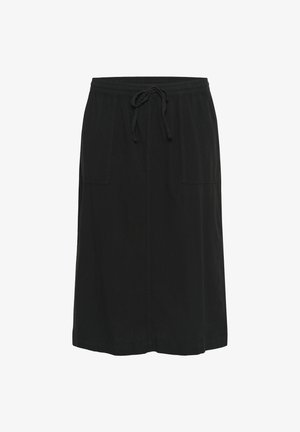 Črna bombažna krila z elastičnim pasom, dvema sprednjima žepoma in ravnim dizajnom. Ponaša se z mehko teksturo in dolžino do kolen.