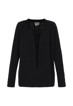 Schwarze Strickjacke mit Zopfmuster, V-Ausschnitt, langen Ärmeln und gerippten Akzenten. Hergestellt aus strukturiertem Stoff, offene Vorderseite.
