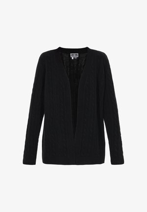 Schwarze Strickjacke mit Zopfmuster, V-Ausschnitt, langen Ärmeln und gerippten Akzenten. Hergestellt aus strukturiertem Stoff, offene Vorderseite.