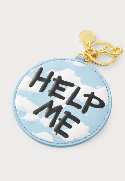 Round blue leather keychain featuring a sky and cloud design, with bold black text reading "HELP ME." Includes a gold-tone clasp.