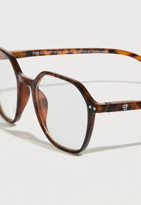 Ruskeat kilpikonnankuosiset silmälasit kirkkailla linsseillä ja geometrisella muotoilulla. Yksityiskohtiin kuuluu hopeinen koristeosa sankassa ja kehysten sisäpuolelle painettu teksti.