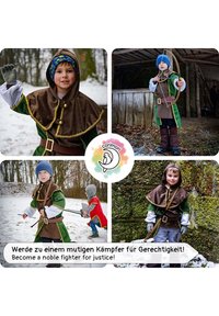 Costume featuring a brown hooded cloak with gold accents, green sleeves, and brown pants. Includes a belt and an archery set.