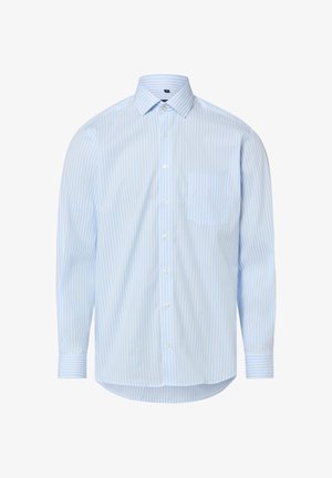 Hellblau-weiß vertikal gestreiftes Hemd mit langen Ärmeln, Knopfleiste vorne und Brusttasche.