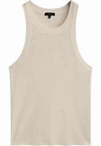 Beige tanktop van zacht katoen. Mouwloos ontwerp met een ronde halslijn en een gladde textuur. Geen patronen of versieringen zichtbaar.