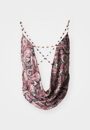 Melnas un sarkanas paisley rakstu šalle ar piesaistītu dizainu. Iespējas ķēdes savienotājs ar dažādu krāsu pērļu rotājumiem. Mīksta auduma tekstūra.